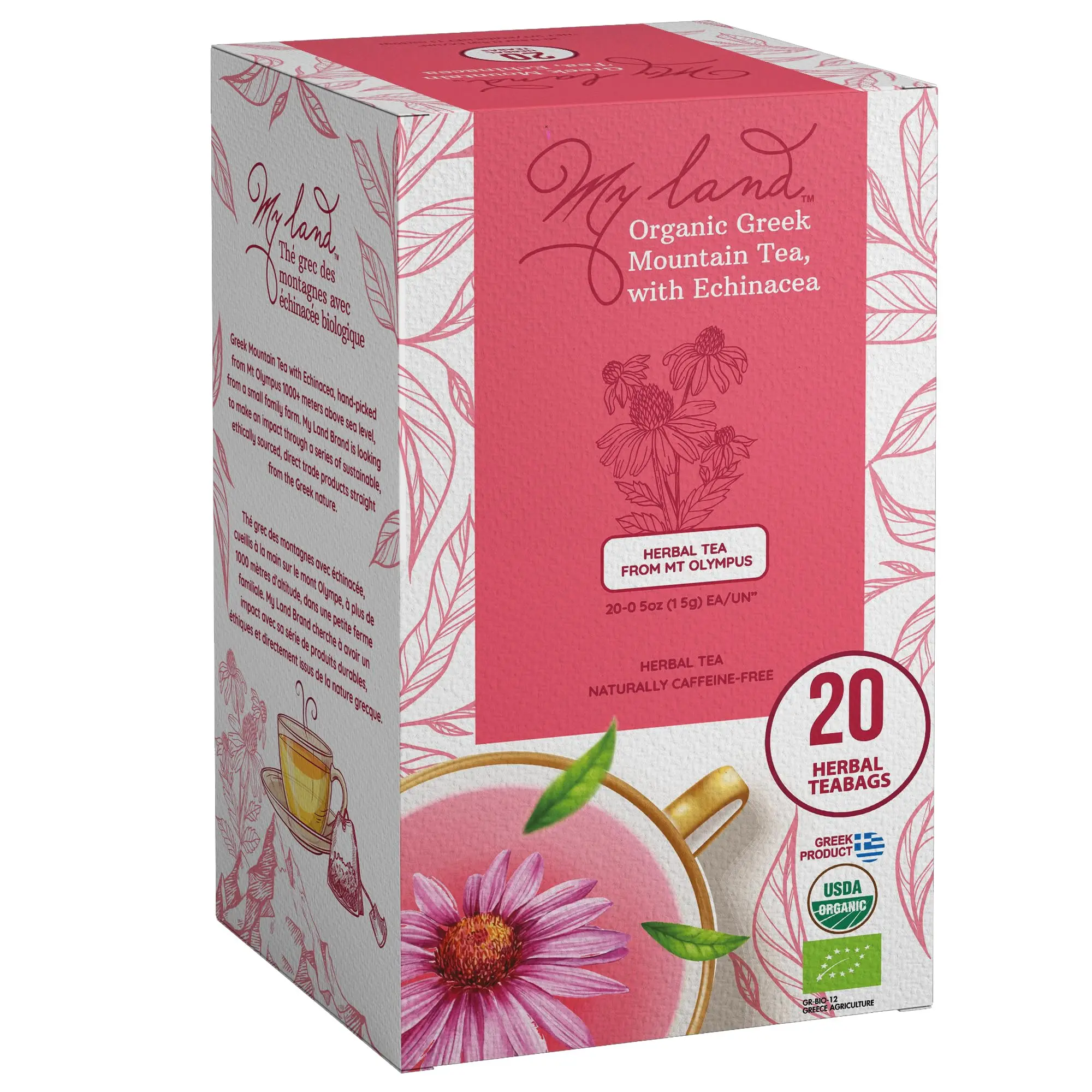 My Land Organic Greek Mountain Tea with Echinacea - 20 Tea Bags, Hand-picked from Mt. Olympus Natural Herbal Beverage