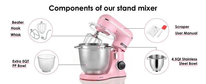 Product Introduction of Kitchen in the box Stand Mixer, 4.5QT+5QT Two bowls Electric Food Mixer, 10 Speeds Kitchen Mixer for Daily Use with Egg Whisk, Dough Hook, Flat Beater 12