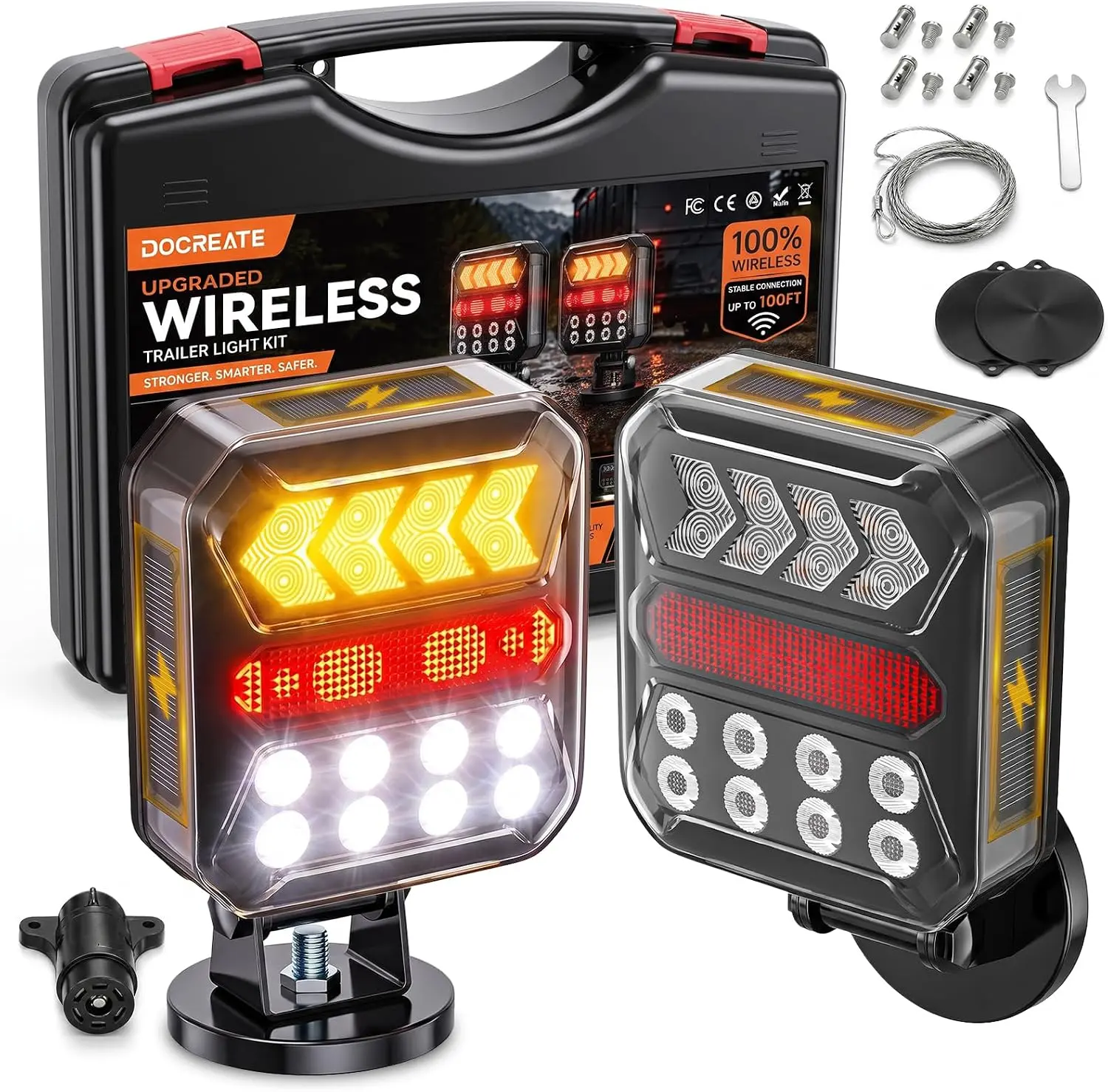 Solar Wireless Trailer Lights, No Wiring Magnetic Tow Lights with USB-C Backup Charging, Easy Install for Trucks RVs Boats Trailers