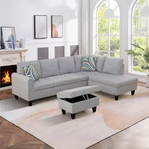 Modern Grey Flannel 3-Piece Sofa Set F09711B Stylish Comfy Couches for Living Room with Thick Seat Cushions and Ottoman