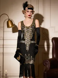 Vintage Sexy 1920s Style Sequin Geometric Pattern V Neck Asymmetric Ruffle Hem Sleeveless Bodycon Party Dress