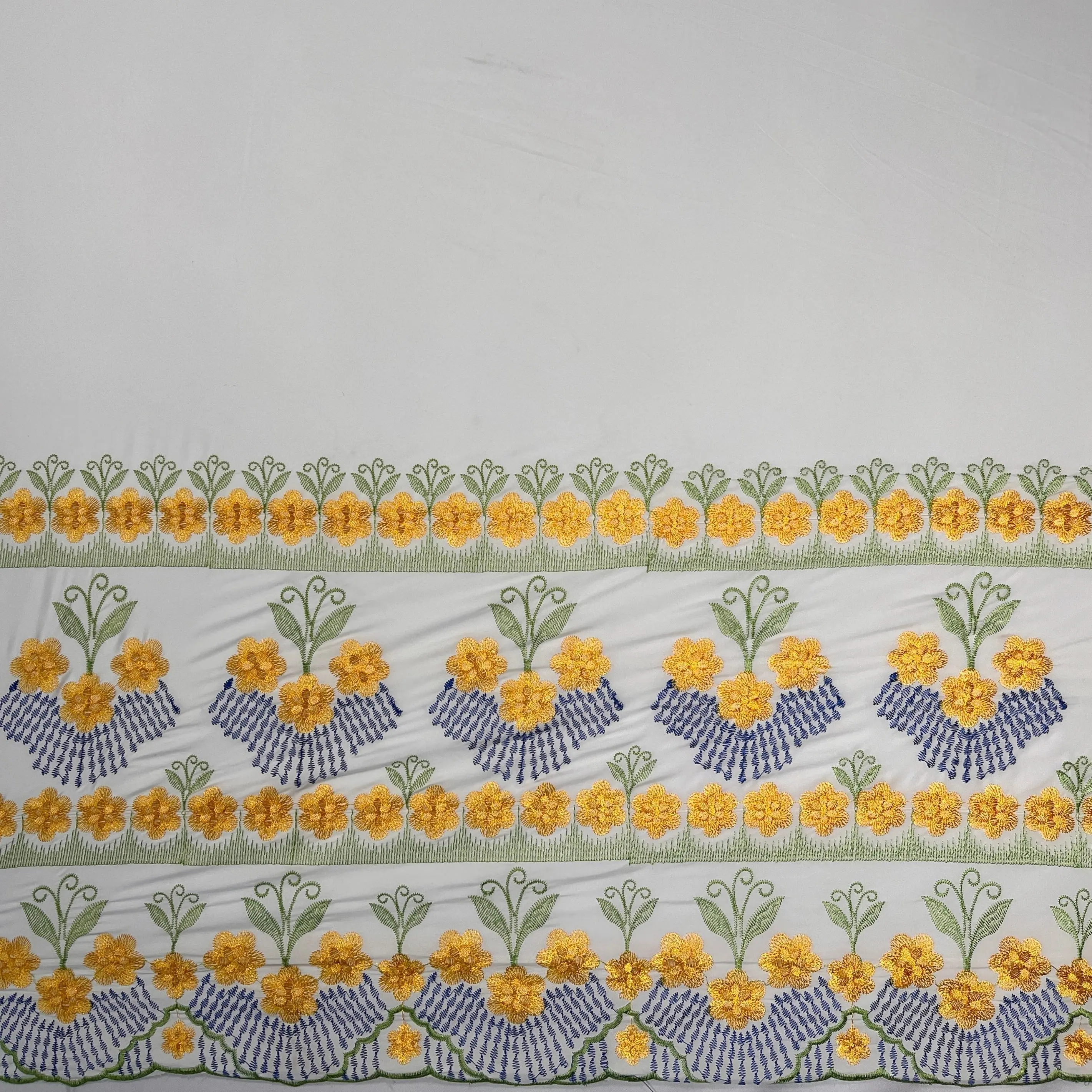 Premium Quality Durable Polyester Fabric - Hibiscus Double Border Flower Embroidery, Floral Design Islands Textile for Sewing, Soft Furnishings