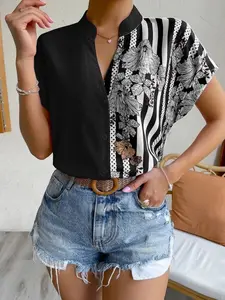 A women's fashionable patchwork printed V-neck shirt blouse Top, suitable for daily wear, commuting, travel and leisure