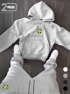 Brazil National Team Cbf Logo Hoodie and Joggers Set, Casual Fitted Sportswear for Game Days or Street Style, Athletic Style Activewear, Fall and Winter Activewear