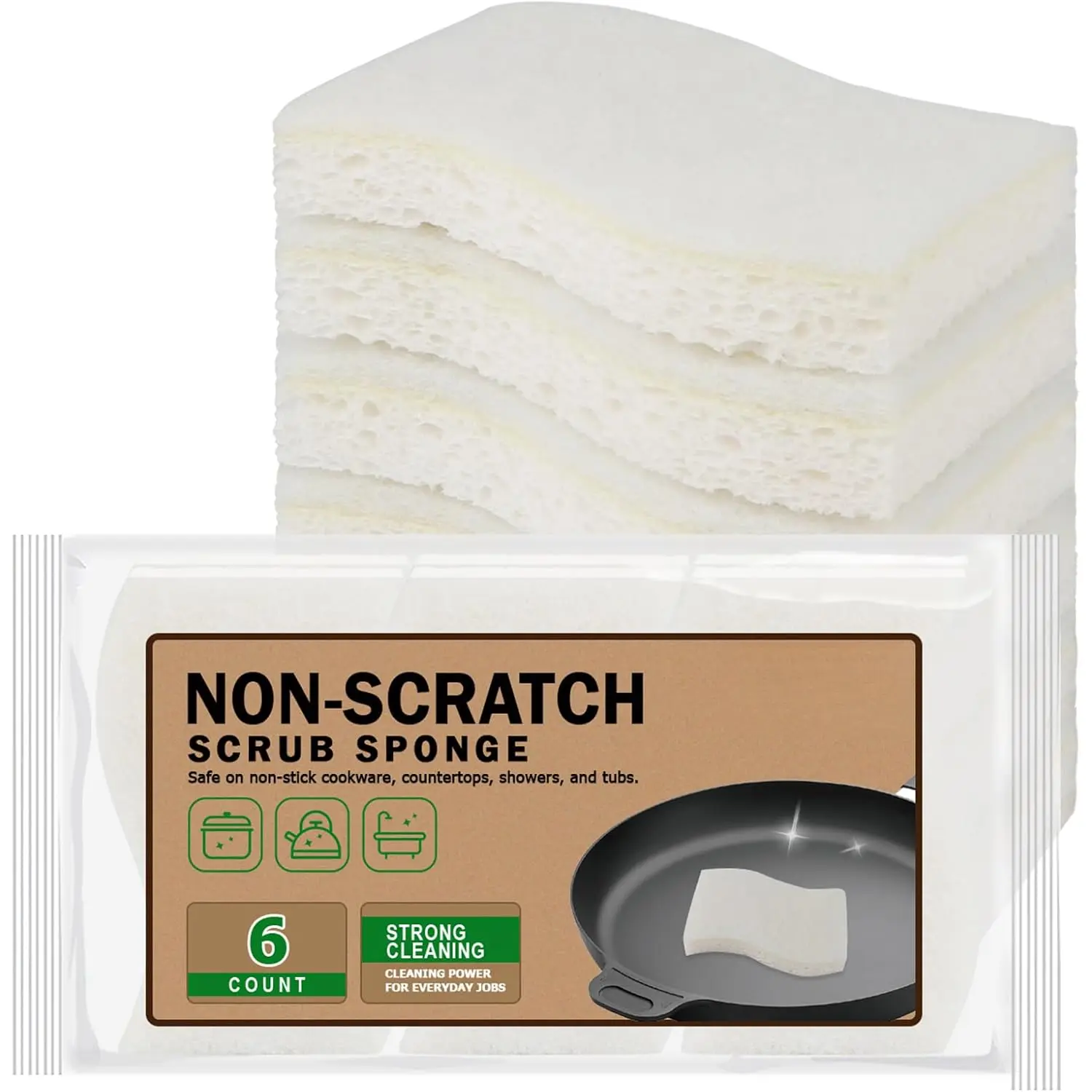 Non-Scratch Scrub Sponge-6Count, Sponges Kitchen,  Sponge for Non-Stick Cookware, Cellulose Sponges for Dishes, Cleaning Power for Kitchen, Bathroom, Household