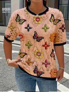 Women's Boho Butterfly Floral Print Round Neck Short Sleeve Sweater Knitwear, Loose Fit Knit Top, Casual Comfortable All Season Wear