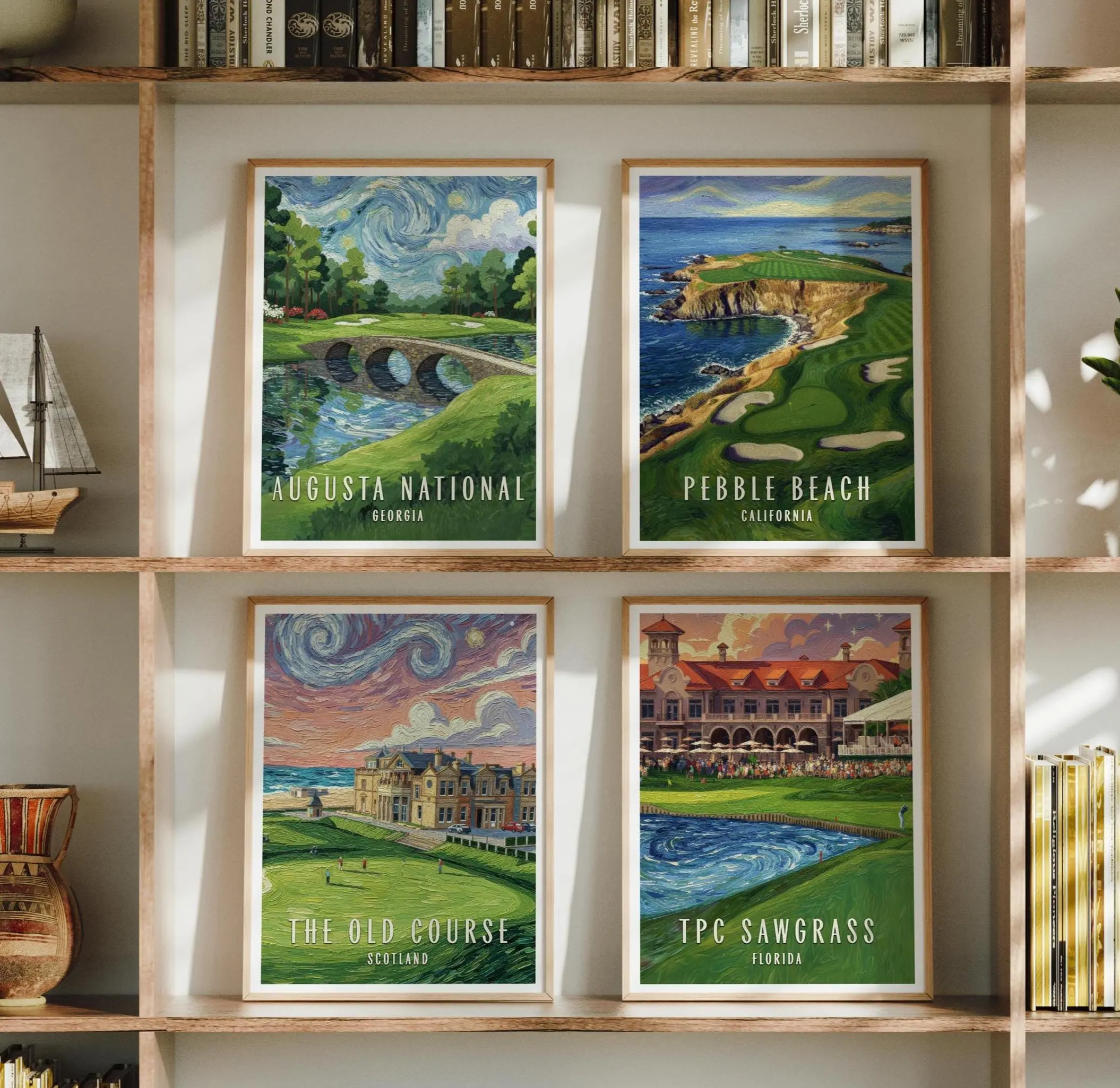 Vintage Golf Course Prints - Augusta, Pebble Beach, St Andrews (Set of 4, Unframed)