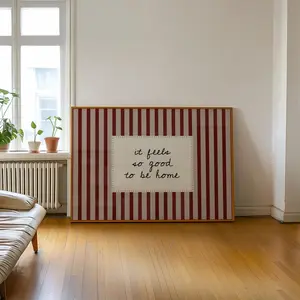 [Sale up to 50%] [Free Ship] Printed Feels So Good To Be Home, Handwritten Font, Red Striped Home Wall Art, Modern Minimalistic, Living Room Wall Art, Vintage Poster