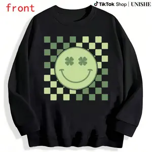Long Sleeve Checkered Sweatshirt for Women – Smiley & Shamrock Festive Printed Design