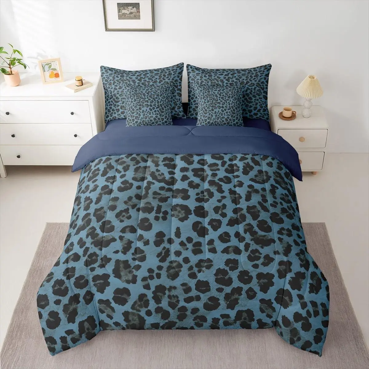 Dark Blue Leopard Comforter Set 7 Pieces Cheetah Bedding Set Animal Print Bed in a Bag with Comforter,Sheets,Pillowcases,Cushion Covers Leopard Fur Print Bedroom Decor Safari