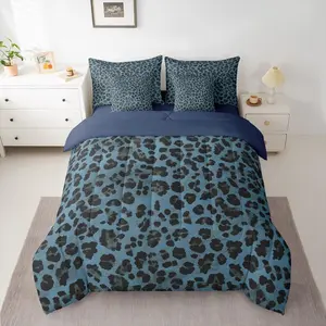 Dark Blue Leopard Comforter Set 7 Pieces Cheetah Bedding Set Animal Print Bed in a Bag with Comforter,Sheets,Pillowcases,Cushion Covers Leopard Fur Print Bedroom Decor Safari
