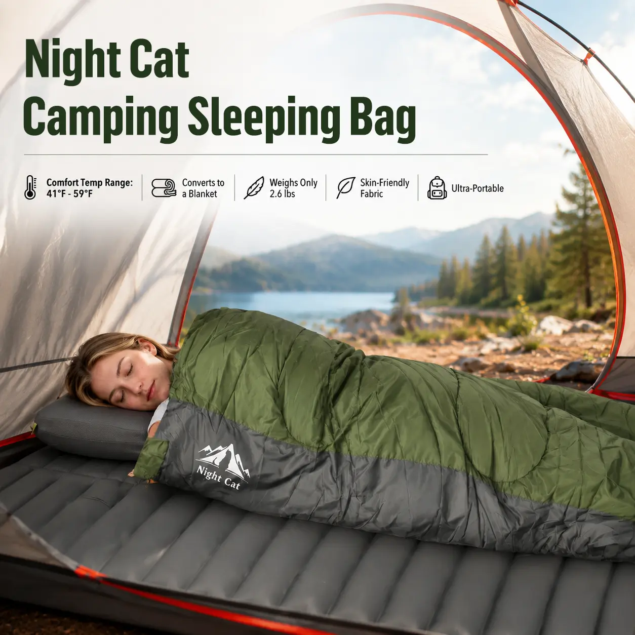 Night Cat Wearable Sleeping Bag, Lightweight 3-Season Rectangular Camping Gear for Adults & Kids, Convertible Blanket, 5-15℃ Rating, Outdoor Camping Supplies, Camping Accessories
