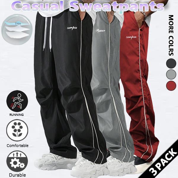 Loose-fitting sweatpants for men, grey side stripes with gold accent stripes, comfortable design, sports casual style bottoms, sweatpants, fitness wear, today's fashion outfit