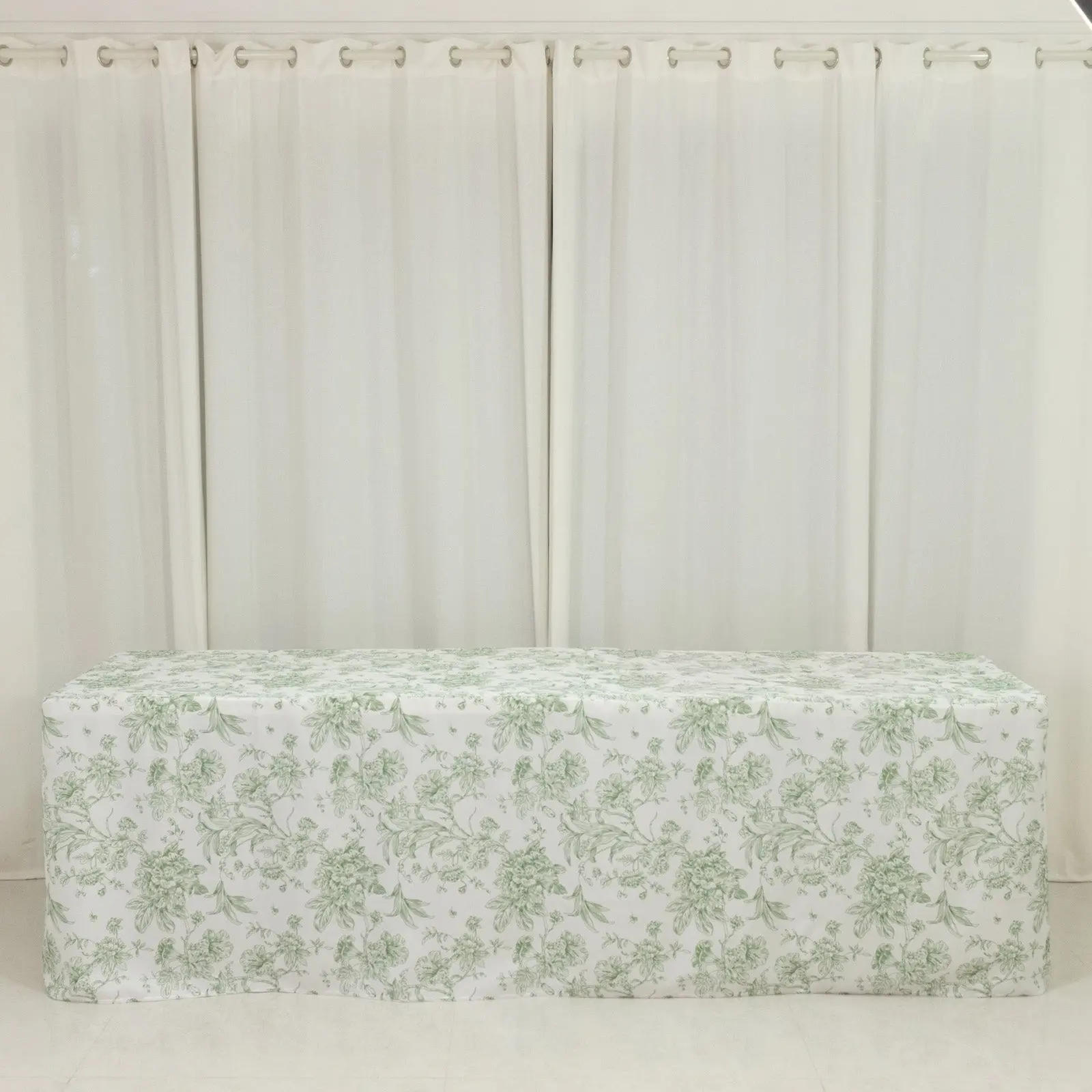 Fitted Rectangular French Toile Polyester Tablecloth - 8ft Dusty Sage Green & White, Wrinkle-Free Wedding Outdoor Table Decoration Cover, Tablecloth Rectangular