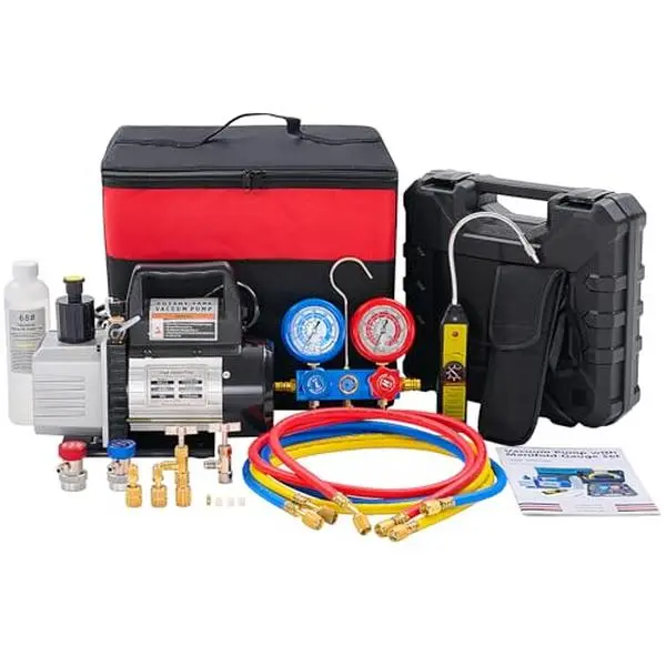 All-in-One 4 CFM Vacuum Pump Kit with Manifold Gauge Set, Leak Detector, Hoses & Carry Bag – 110V 1/3 HP Single Stage Pump for HVAC, Automotive AC & Refrigeration – ETL Listed