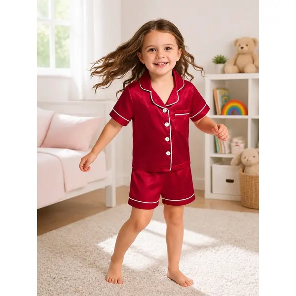 Kids Satin Pajama Set, 2-Piece Short-Sleeve Button-Down Top & Shorts, Unisex Summer Sleepwear with Contrast Piping, Ages 1-8, Sizes 90-130, Kaka Here