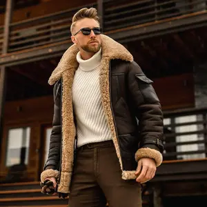 Men's Winter Warm Genuine Leather Shearling Aviator Jacket with Faux Fur Collar & Cuffs, Premium Cold-Weather Outerwear