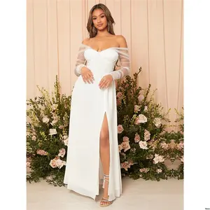 Elegant White Dress Contrast Belle tiktok Mesh Split Thigh Bustier Chiffon Wedding Long Sleeve Bridal Shower