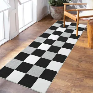 【GARVEE】Checkered Plaid Area Rug 2x6 - Soft, Machine Washable, Non-Slip, Foldable Long Runner Rug with Low Pile and Modern Geometric Design for Entryway, Living Room, Hallway in Black