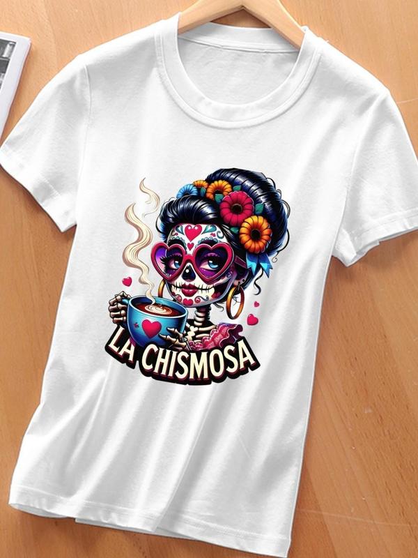 Women's Plus Size Pure Cotton Vintage Sugar Skull Graphic T-Shirt - Crew Neck, Cap Sleeve, Lightweight, Fitted Cut, Coffee Floral, Casual Soft Streetwear, La Chismosa Day of the Dead Print, All Seasons Outdoor Top