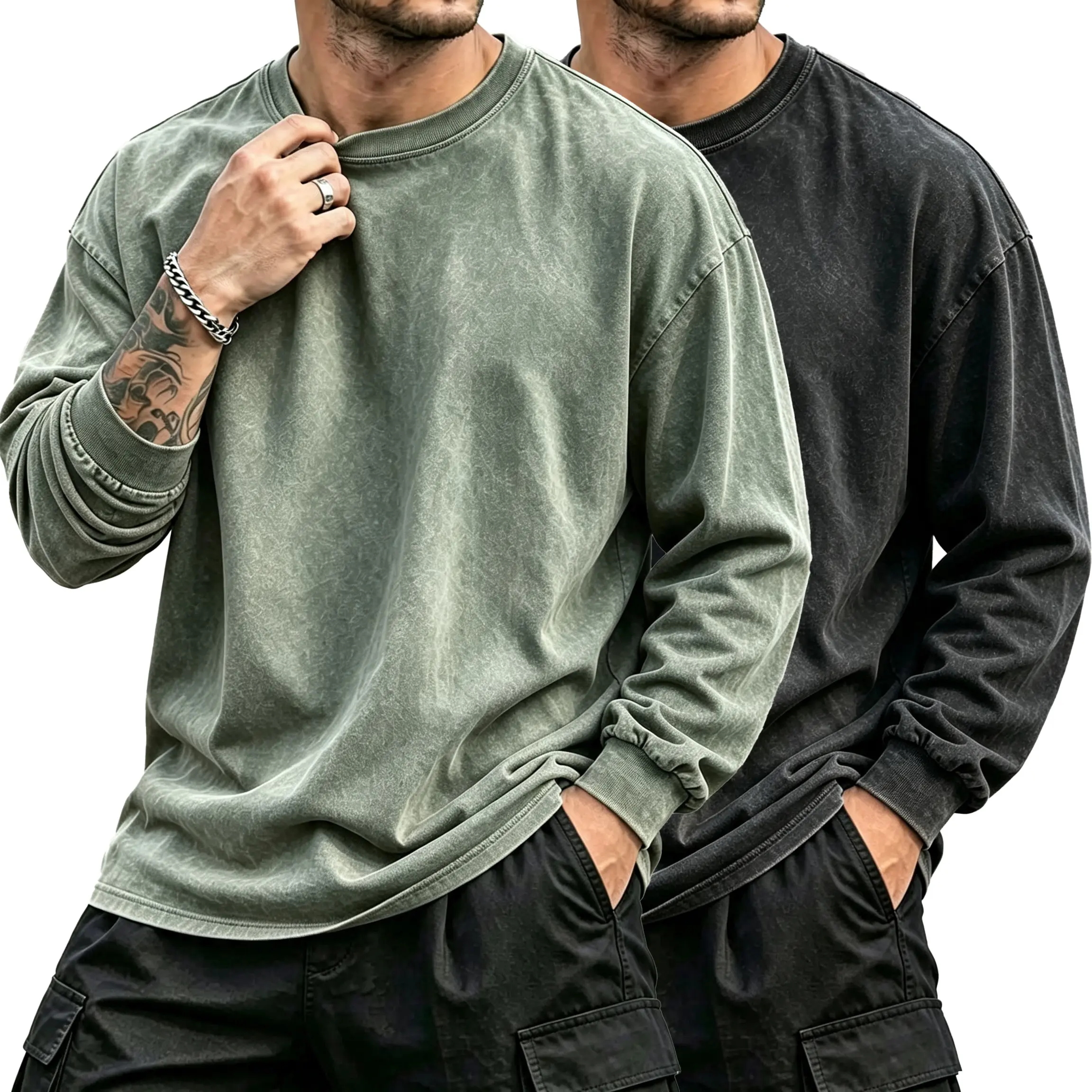 Men’s Acid-Wash Distressed Cotton Athletic Plain Long-Sleeve Crewneck Sweatshirt - All-Seasons Unisex Casual Streetwear Back-to-School Outfit Everyday Basic