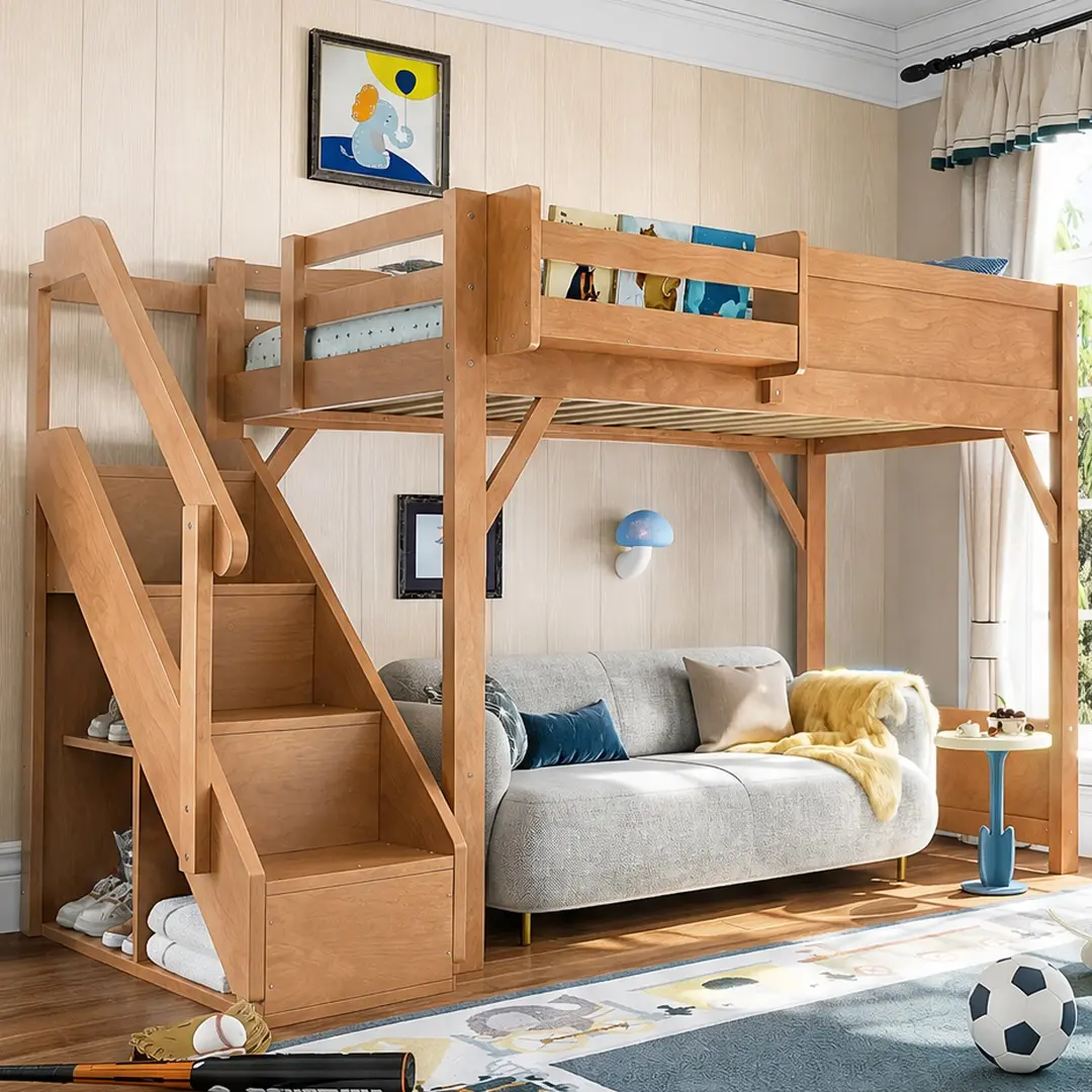 ARCH Twin Size Solid Wood Loft Bed with Built-in Wardrobe, Storage Space, Bedside Shelves, Full-length Guardrails, Stairs, No Box Spring Needed, Antique Natural Finish, Durable, 165.35 Lb