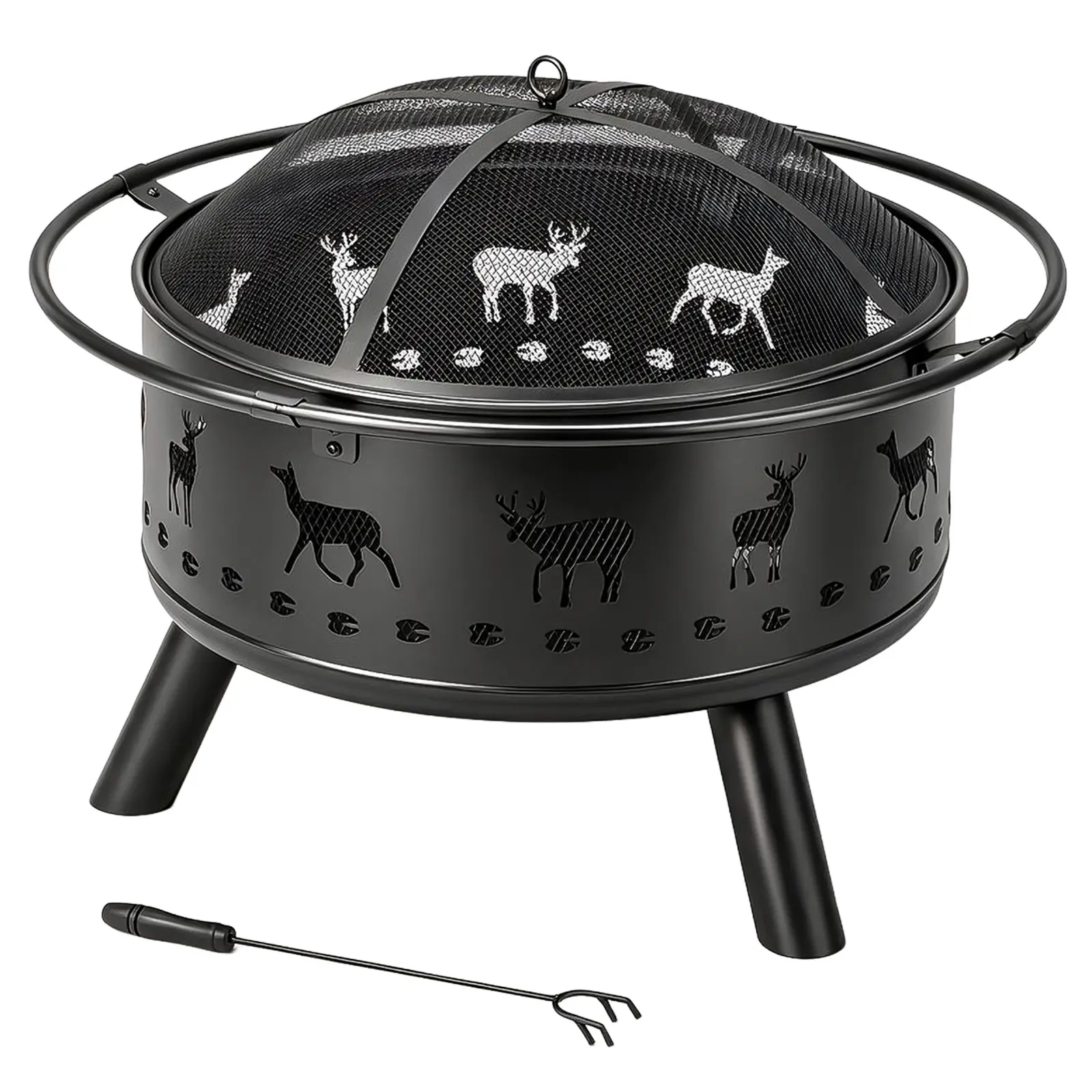 30-Inch Round Heavy-Duty Wrought Iron Hardware Outdoor Wood-Burning Fire Pit, Black - Hinged Spark Screen Lid, Lift Ring, Elk Cutouts, Built-In Log Grate for Patio, Backyard