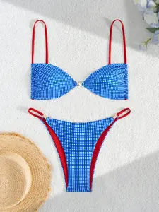 Women's 2-Piece Polyester Red & Blue Gingham Bikini Set, Color Block Triangle Top with Adjustable Ties, Thong Bottoms for Custom-Fit Beach Bathing Suits, Stylish Swimsuits for Summer Beachwear,summervibes