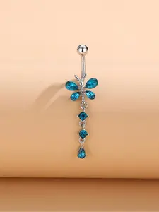 Fashion Dragonfly Design Belly Button Ring, Rhinestone Decorated Belly Ring, Women Belly Piercing Body Jewelry, for Crop Top Decor
