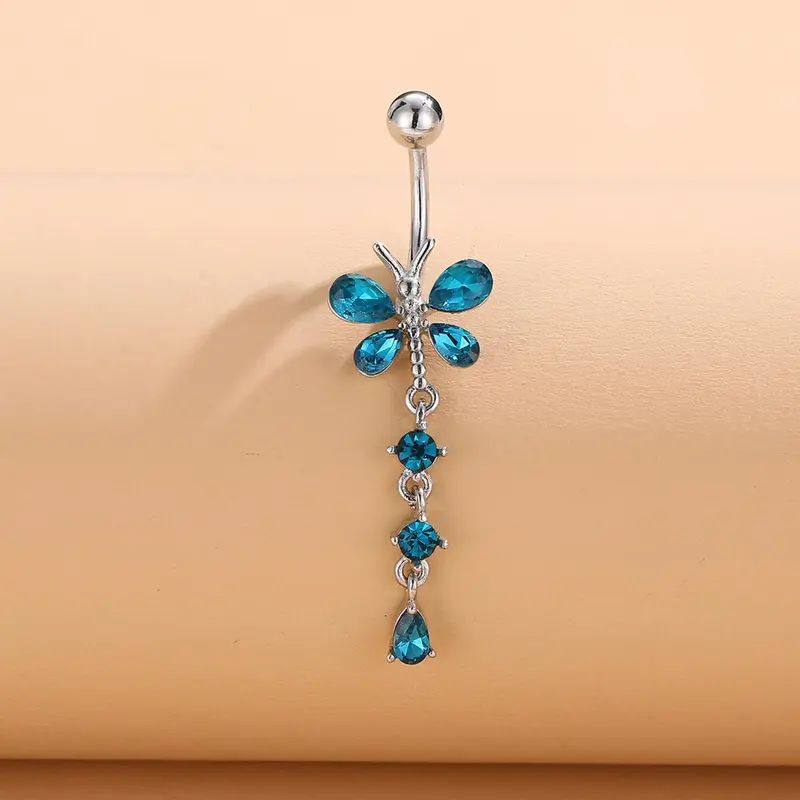 Fashion Dragonfly Design Belly Button Ring, Navel Ring, Rhinestone Decorated Belly Ring, Women Belly Piercing Body Jewelry, for Crop Top Decor