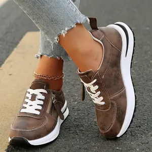Women's Brown Fashion Lightweight Casual Sneakers - Lace-up, Low-top, Round Toe, Soft Fabric Lining with TPR Sole for All Seasons