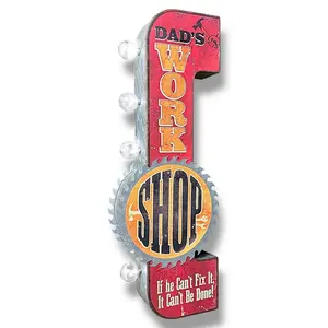 Dad's Workshop Double-Sided LED Wall Sign – Vintage Marquee-Style Lighted Wall Decor for Garage, Man Cave, Game Room, or Home Bar – 25” x 7.5” Metal Sign with Retro Design