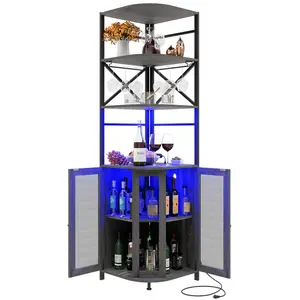 Wine Bar Cabinet with Power Outlet, 6-Tiers Industrial Wine Cabinet with LED Light and Glass Holder, Corner Bar Cabinet with Adjustable Shelf and Mesh Door, Liquor Cabinet Bar for Home