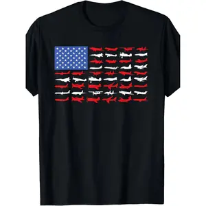 Men's Black Aviation Themed Cotton T-Shirt With American Flag And Airplane Graphic Short Sleeve Round Neck Summer Essential For Enthusiasts