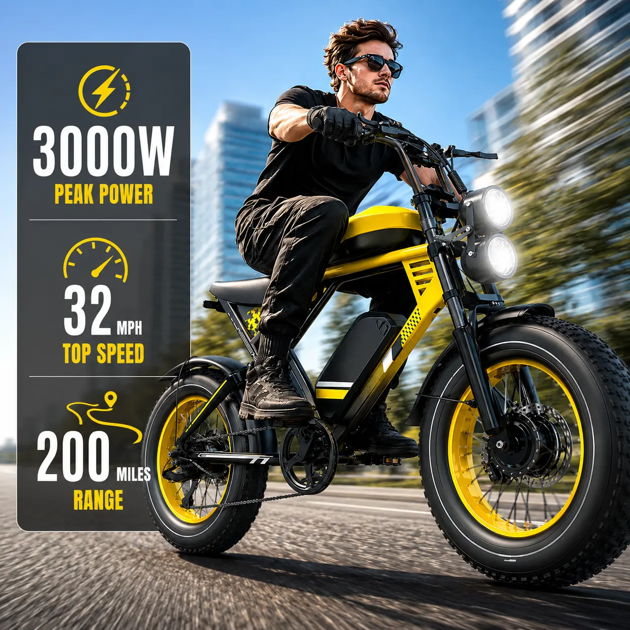 ES2 Sport Electric Bike - Aluminum Alloy Frame, Full Suspension System, 3000W Peak Motor Power, 32mph Top Speed, 100-200 Mi Range, 20-in All-Terrain Tires, Cool Stylish Design for Outdoor Cycling