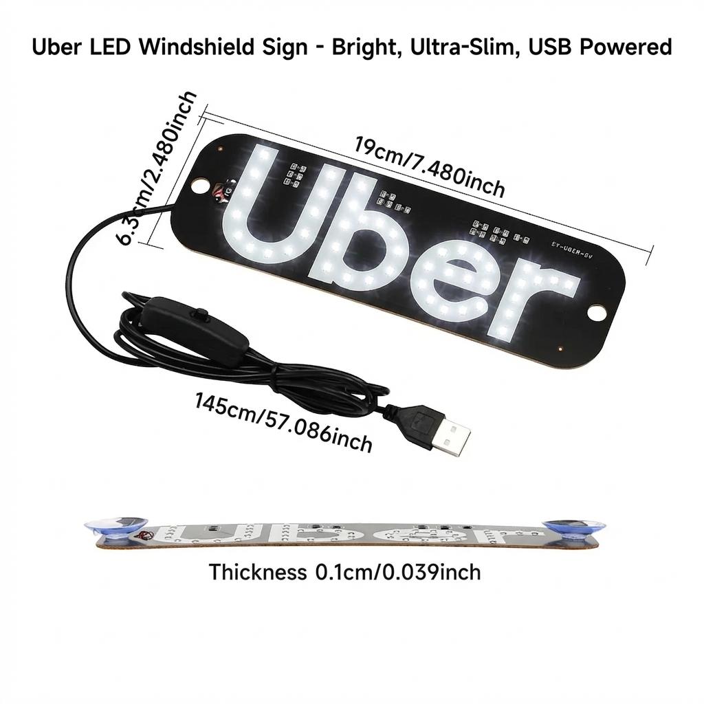 Uber LED Windshield Sign Bright Ultra-Slim USB Powered Car LED Light Sign Glowing Rideshare Indicator for Uber Drivers Dimmable Night Visible Car Accessory Must-Have for Rideshare Drivers