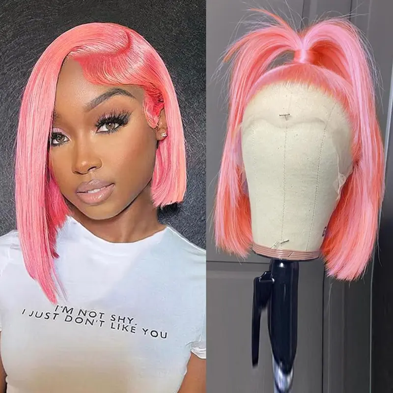 AMZHAIR Glueless Human Hair Lace Frontal Wig, Honey Pink Short Bob, 180% Density Mink Bone Straight Double Drawn, for Black Women (Clearance Sale), Wigs Human Hair, Human Hair Wigs