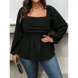 Plus Size Solid Color Square Collar Ruffle Hem Long Sleeve Blouse Peplum Top