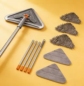 The multi-functional triangular cleaning mop, equipped with 4 long handles, is a tool suitable for cleaning walls/ceilings/dust/ floors. It can rotate 360 degrees and comes with a cleaning tool set consisting of 5 replaceable mop heads.