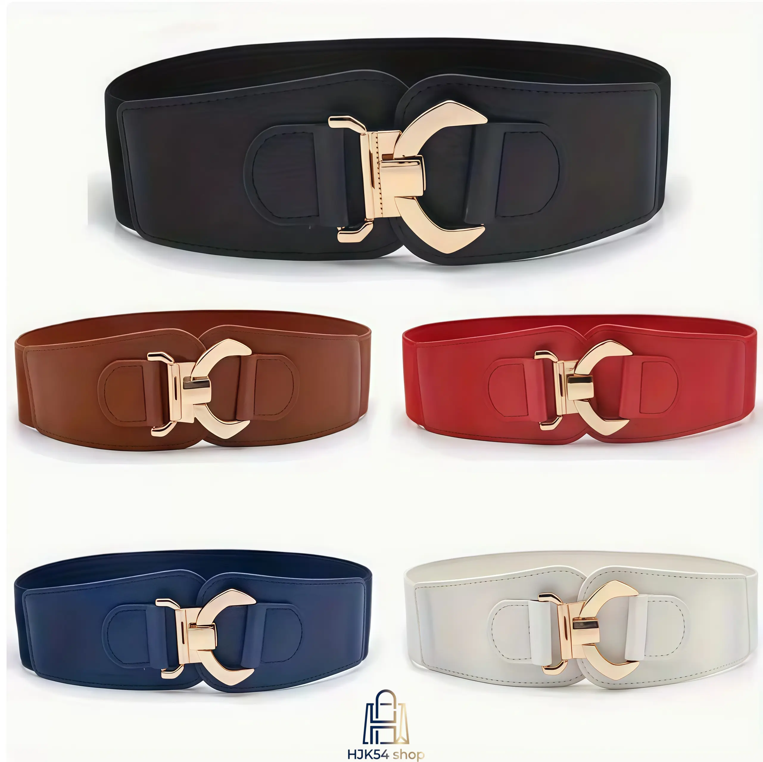 Women's High Stretch Adjustable Faux Leather Belt - Wide Solid Color, Half-Circle Gold Shaped Buckle, Elastic Band, Cinch Waist Corset Waistband for Daily Wear, Wedding & Party Outfit Accessories, Belts