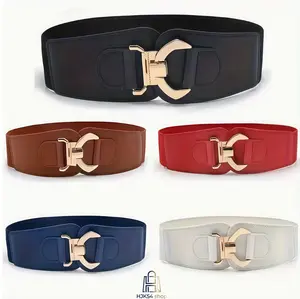 Wide Faux Leather Stretch Cinch Waist Belt Half Circle Gold Metal Buckle Elastic Corset Waistband Solid Color Adjustable Dress Defining Belt for Women Daily Formal Wedding Party Shirt Dresses Outfit Accessories
