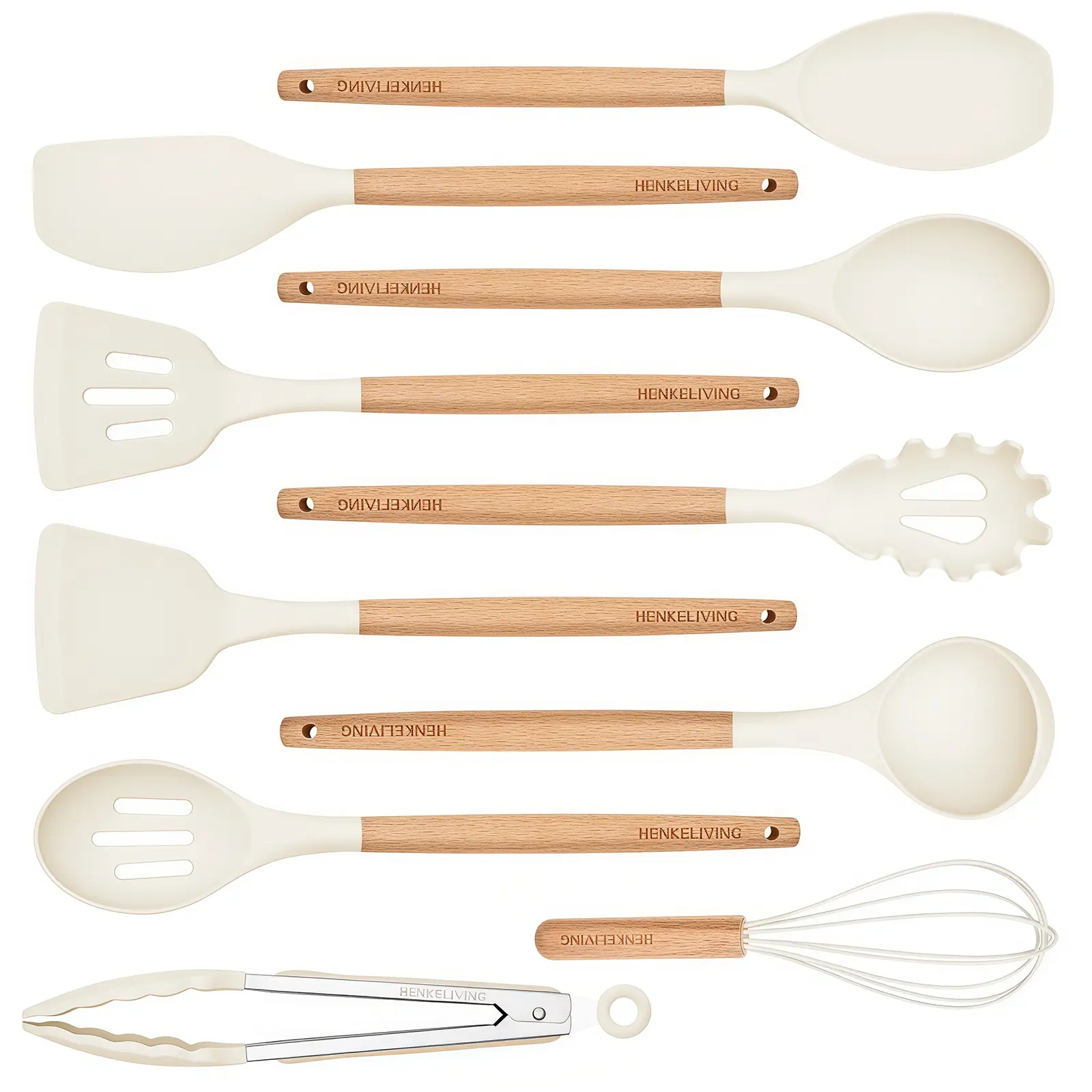 HENKELIVING 10-Pcs Silicone Cooking Utensils Set - BPA-Free, Heat-Resistant Wood Handles, Non-Scratch Sturdy Kitchen Supplies for Nonstick Cookware, Food Prep Tools, Home Kitchen Use