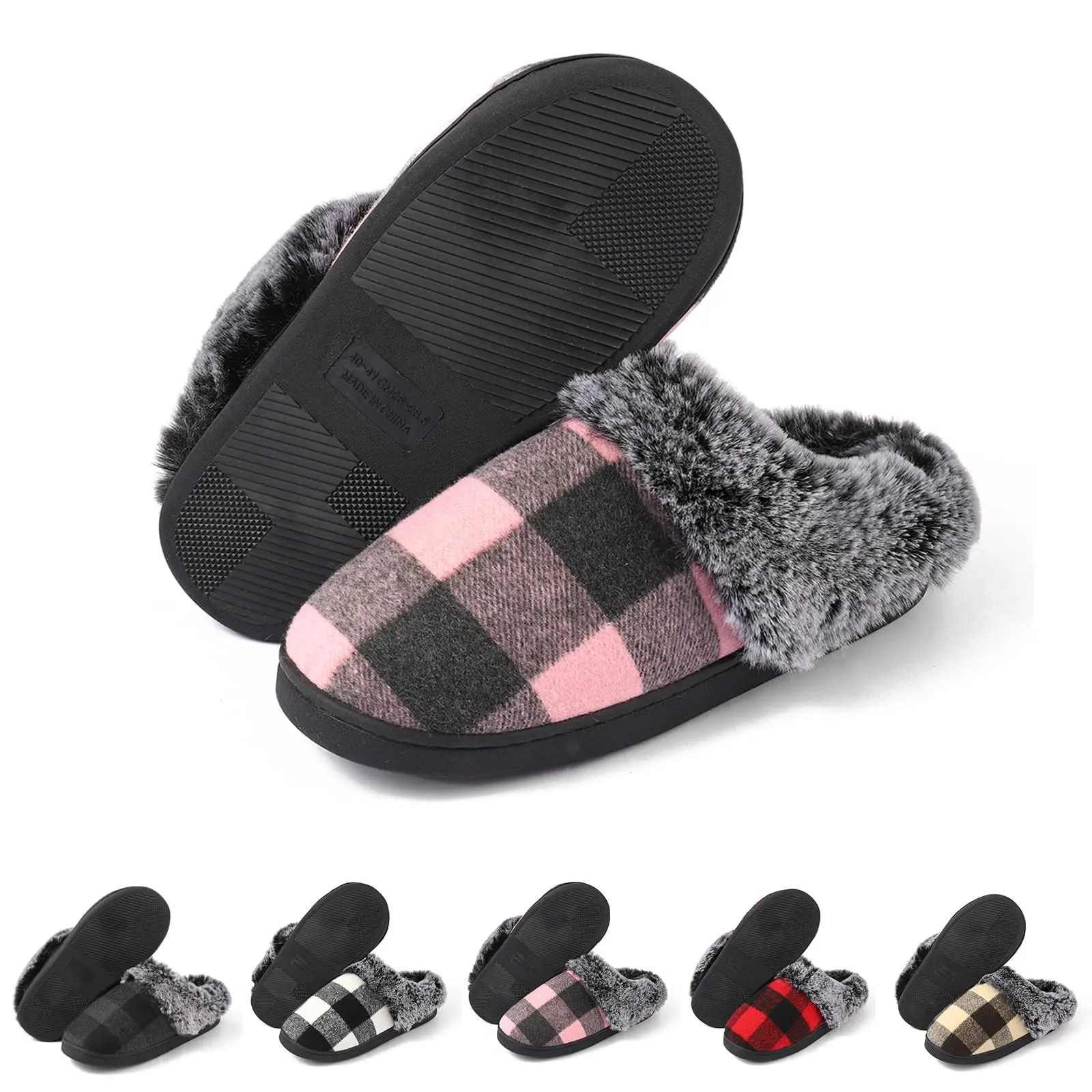 Women's Round Toe Colorblock Gingham Contrast Faux Fur Slide Slippers, Casual Soft Plush Warm Non-slip Silent Footwear for Fall & Winter Indoor Use, Comfy Basic Option for Students