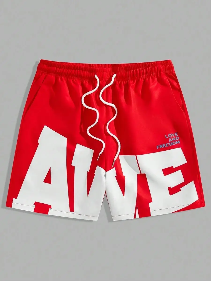 Woozie Men Prep Casual Graphic Red Men's Drawstring Waist Letter Print Basketball Shorts for School Everyday Wear