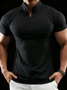 Men's European Style Half-Zip Collar Fitness T-Shirt, Half Zip Sportswear, Sporty Vertical Texture Design, High Elasticity Quick-Dry Breathable Fabric, Ideal for Gym Training