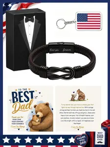 Men's Bracelet, Father's Day Gift, Braided Leather Infinity Symbol, Engraved 'love Forever' and Usa Flag Keychain, Elegant Gift Set
