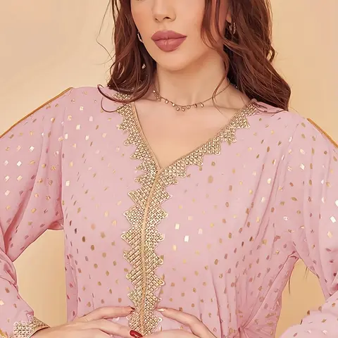Muslim Women Dubai Dress, Elegant Long Robe V Neck Caftan for Middle East Indonesia Turkey, Stylish and Graceful Clothing