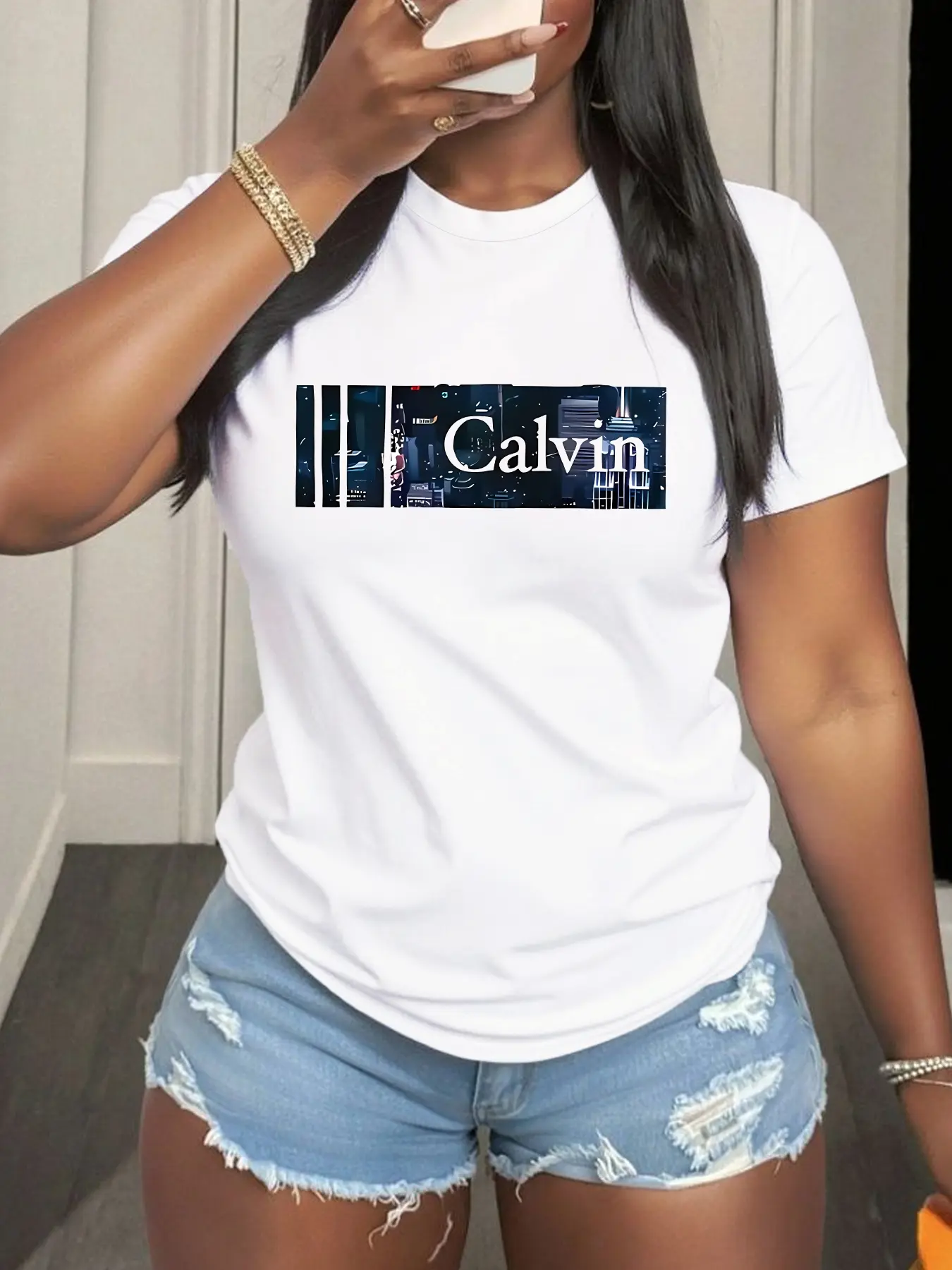 Elegant Summer Casual Women's Round Neck Pullover Knit Lightweight T-Shirt, Calvin Graphic Pattern Print, Fitted Short Sleeve Top for Sports & Leisure Wear Womenswear