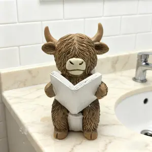 Highland Cow Toilet Seat Sculpture, Cow Ornament, Fun Bathroom Decor with Reading Books, Unique Gift Idea for Bath and Office, Cottage Style, Statue