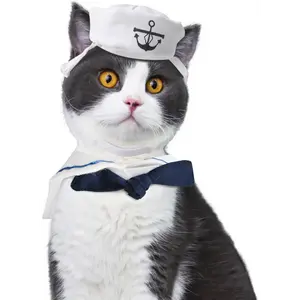 Pet Halloween Costumes for Cats Small Dogs, Adjustable Cat Sailor Costume, Doggie Navy Hat with Tie, Kitten Captain Hat Cloack, Halloween Cat Outfit Cosplay